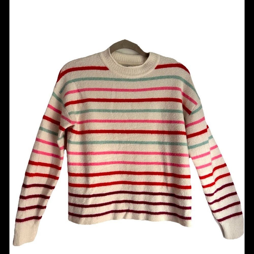 J CREW XTRA SOFT Ivory pink plum green Striped Pullover Women's Sweater Sz XS